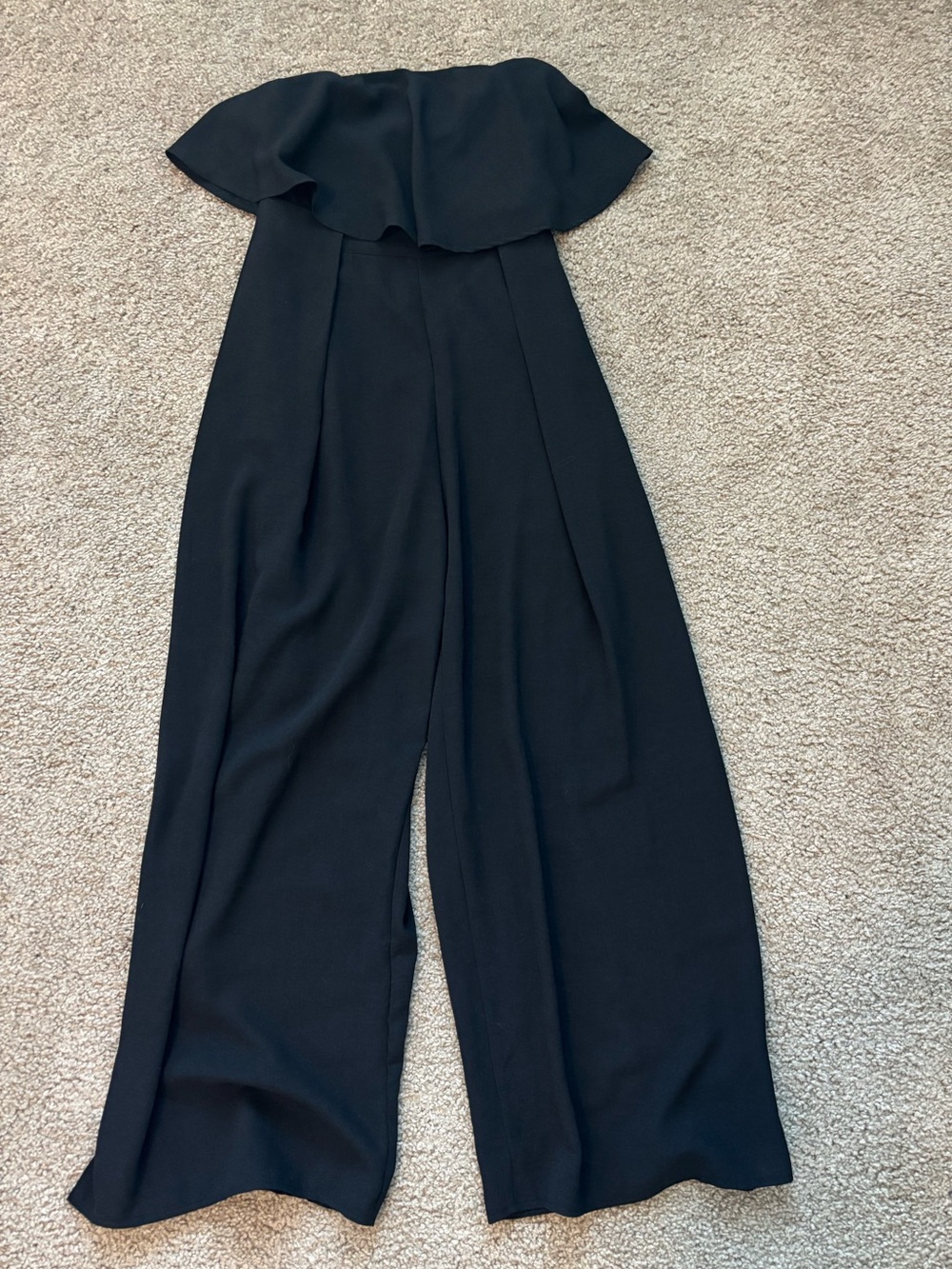 Strapless Black Wide-Leg Romper with Flounce Neck